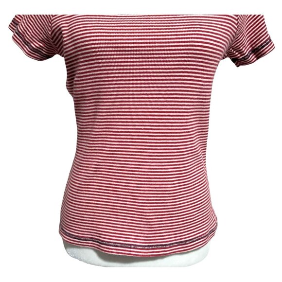 Faded Glory Y2K Baby Tee Crop Top Red & White Striped Navy Trim Sz L Retro - Picture 8 of 10
